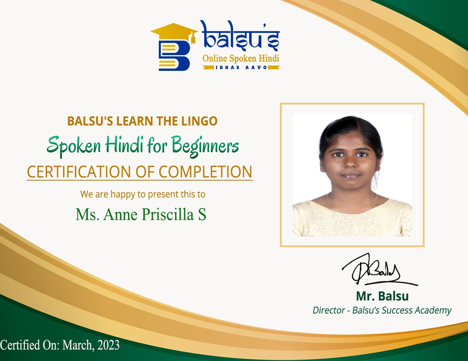 Anne Priscilla — Spoken Hindi Learner